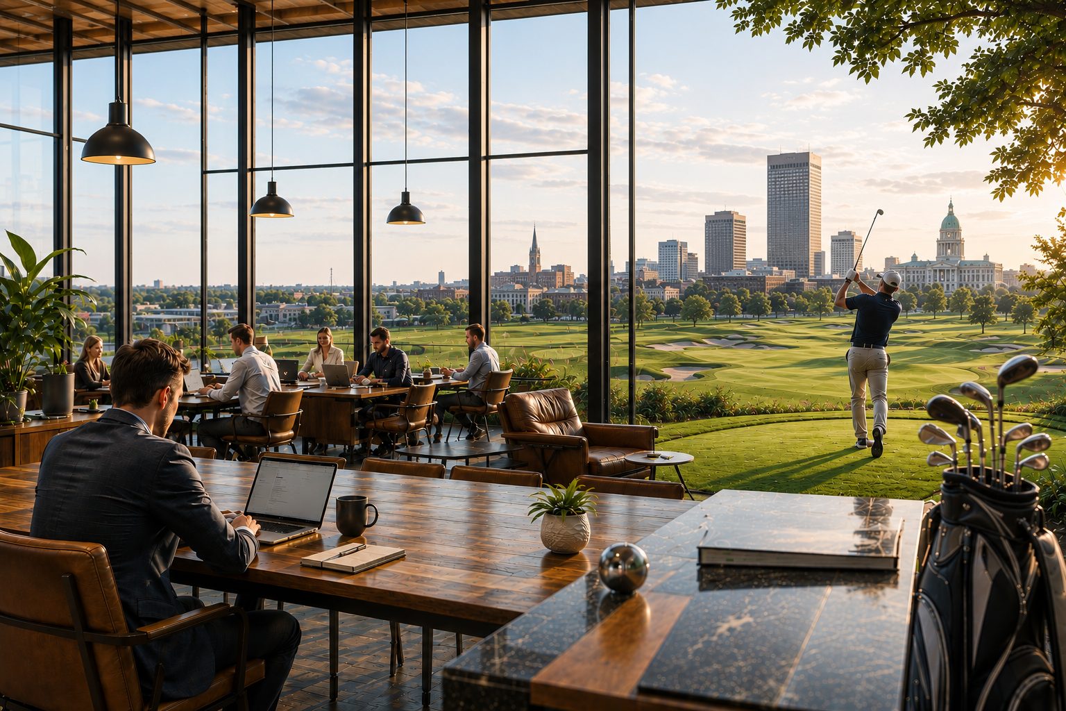 The Linkside coworking lounge overlooking the golf course